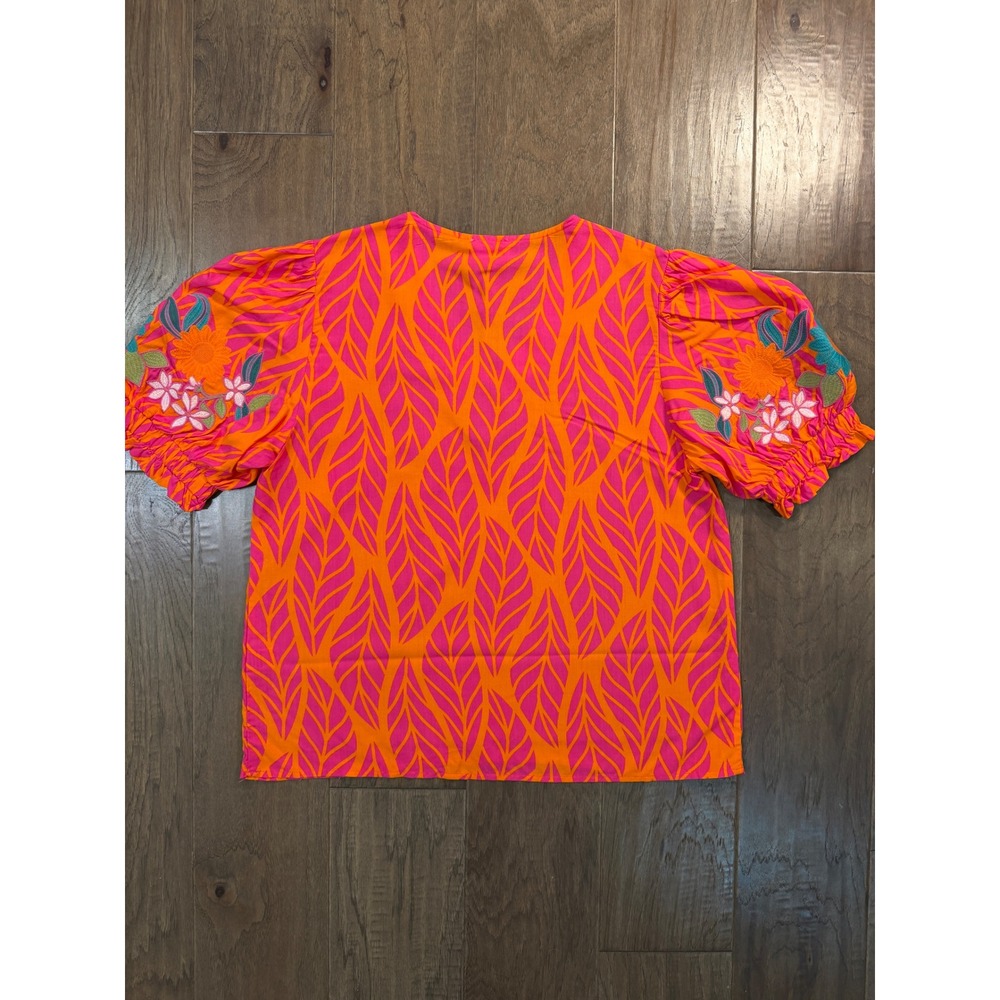 NWT BIBI Womens Orange Pink Leaf Print Embroidered Puff Sleeve V-Neck Blouse M - Picture 3 of 6